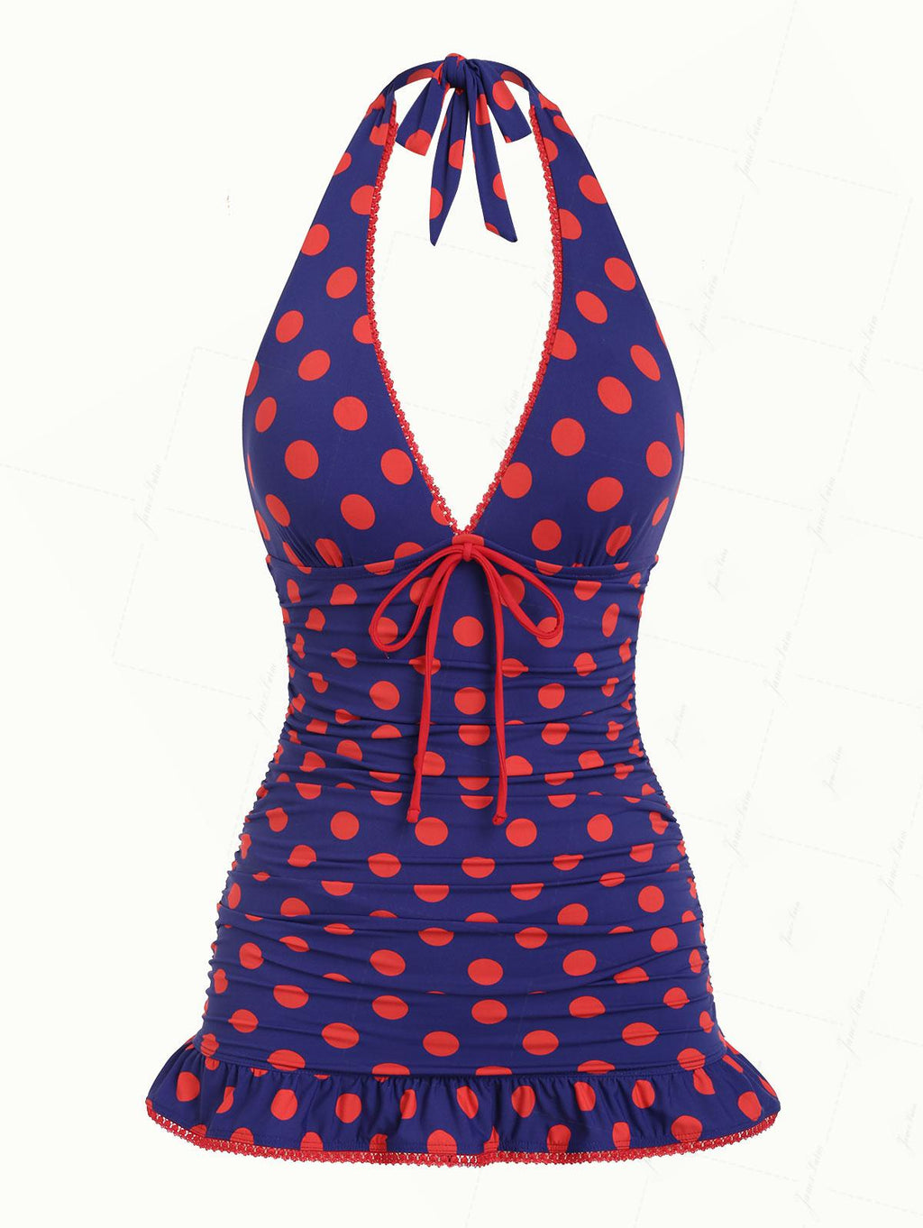 midnight-blue-polka-dot-ruched-ruffles-halter-skirted-one-piece-swimsu