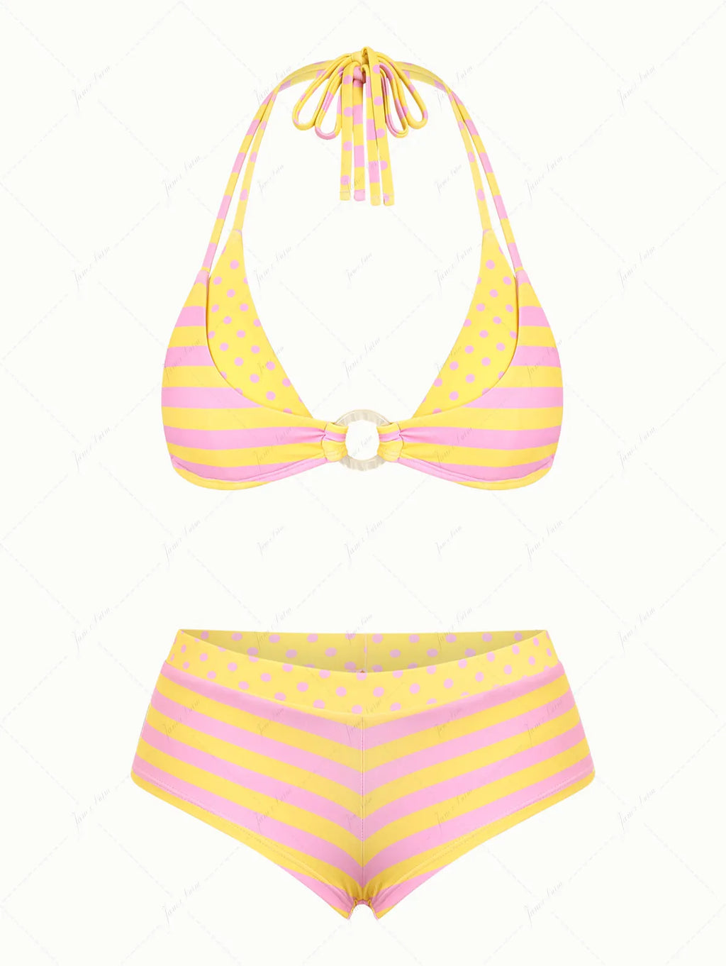Yellow Striped Polka Dot O Ring Double Layer Top & Cheeky