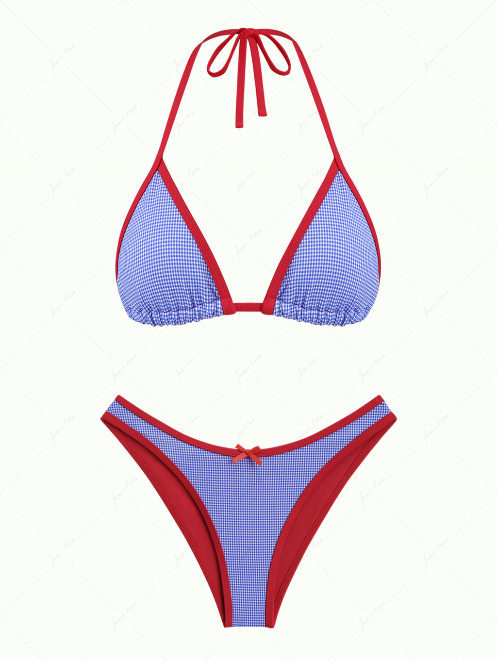 Navy Blue Knitted Plaid Contrast Binding Halter Triangle Bikini Set fo ...