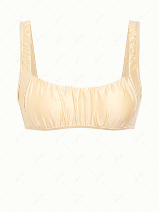 Champagne Satin Solid Color Ruched Tank Style Bikini Top