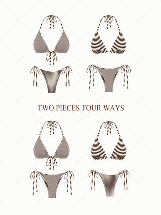 Brown Knit Striped Halter Triangle String Reversible Bikini Set