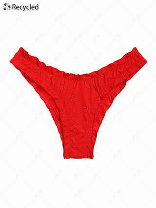 Red Recycled Fabric Jacquard Ruffles Edge Cheeky Bikini Bottom