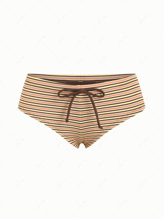 Yellow Ribbed Knit Striped Bowknot Bikini Bottom Cheeky Swim Boyshorts