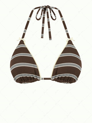 Deep Coffee Striped Lace Bowknot Halter Triangle Bikini Top