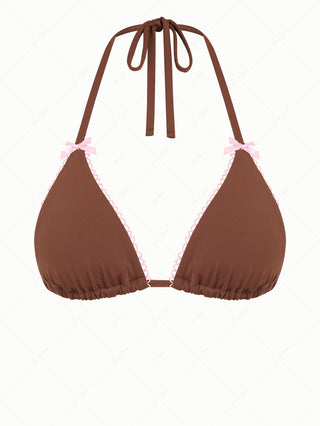 Coffee Contrast Picot Bowknot Halter Triangle Bikini Top