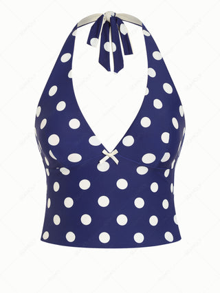 Deep Blue Polka Dot Bowknot Halter Tied Back Tankini Top