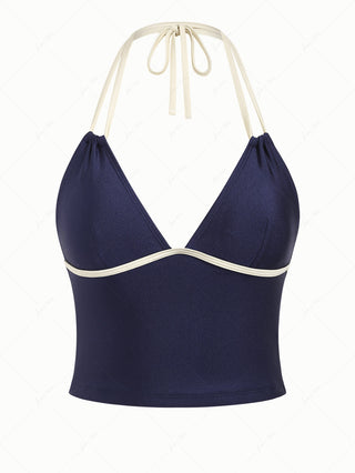 Deep Blue Contrast Piping Deep V Neck Halter Tankini Top