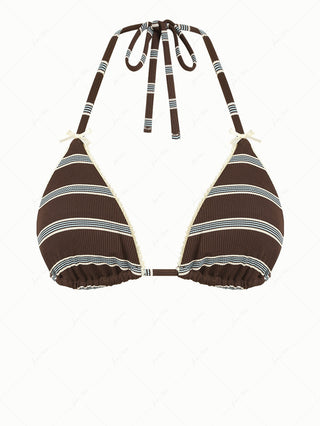 Deep Coffee Striped Lace Bowknot Halter Triangle Bikini Top