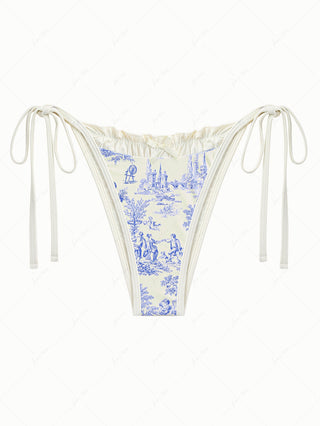 Crystal Cream Toile de Jouy Spliced Ruched Ruffles Bikini Bottom