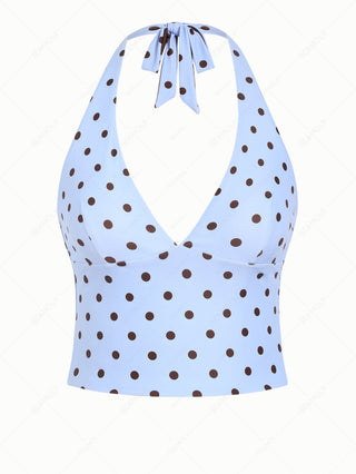 Sky Blue Polka Dot Halter Tied Back Reversible Tankini Top