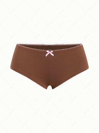 Coffee Contrast Picot Bowknot Bikini Bottom Cheeky Swim Boyshorts