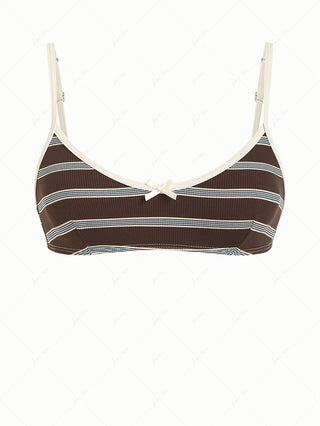 Deep Coffee Striped Bowknot Contrast Binding Tank Style Bikini Top