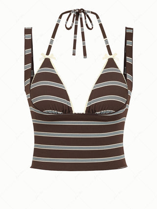 Deep Coffee Ribbed Striped 2-Way Crop Tank With Matching Bikini Top