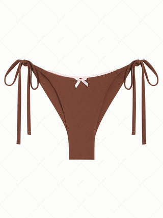 Coffee Contrast Picot Bowknot String Cheeky Brazilian Bikini Bottom