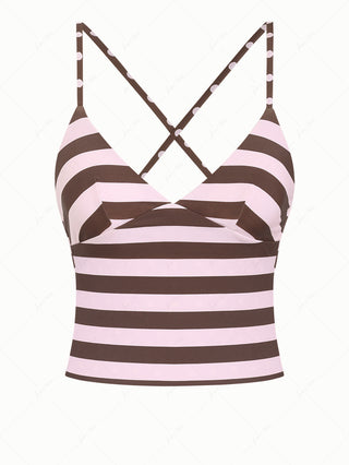 Pink Striped Polka Dot Crisscross Tie Open Back Reversible Tankini Top