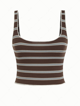 Deep Coffee Ribbed Knit Striped Two-way Crop Tank Top