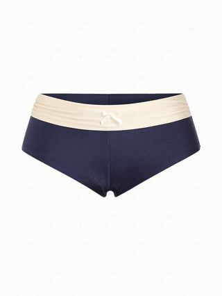 Deep Blue Colorblock Ruched Bowknot Foldover Bikini Bottom Cheeky Swim Boyshorts