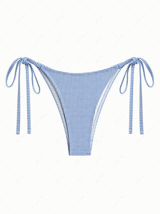 Blue Knitted Plaid Fabric Tie Side String Bikini Bottom