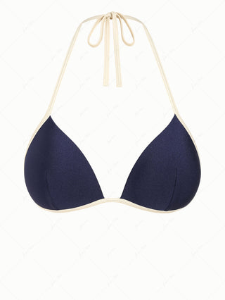 Deep Blue Contrast Binding Halter Triangle Push Up Bikini Top