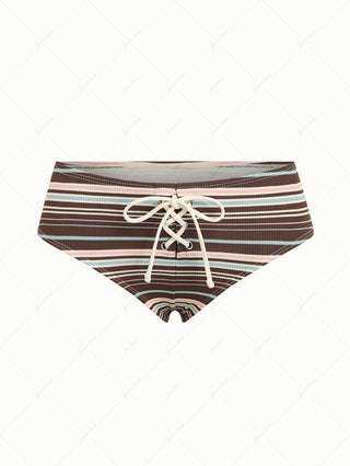 Deep Coffee Knit Striped Grommet Lace Up Half-Cover Bikini Bottom