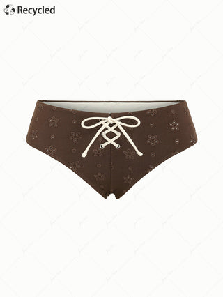 Deep Coffee Recycled Fabric Eyelet Jacquard Lace Up Bikini Bottom