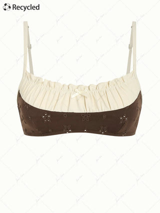 Deep Coffee Recycled Fabric Jacquard Ruched Ruffles Bowknot Bikini Top