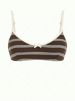 Deep Coffee Striped Bowknot Contrast Binding Tank Style Bikini Top