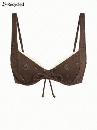 Deep Coffee Recycled Fabric Eyelet Jacquard Lace Bowknot Underwire Bikini Top