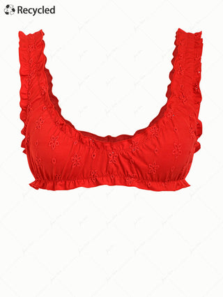 Red Recycled Fabric Jacquard Ruffles Edge Bralette Bikini Top