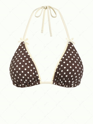 Deep Coffee Polka Dot Lace Bowknot Halter Triangle Bikini Top