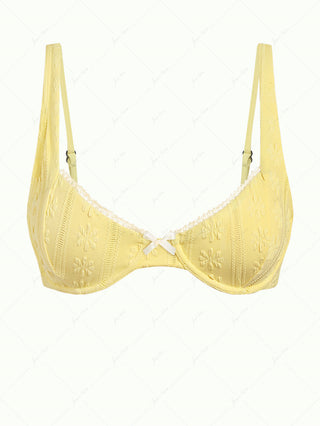 Yellow Jacquard Textured Lace Bowknot Underwire Bikini Top