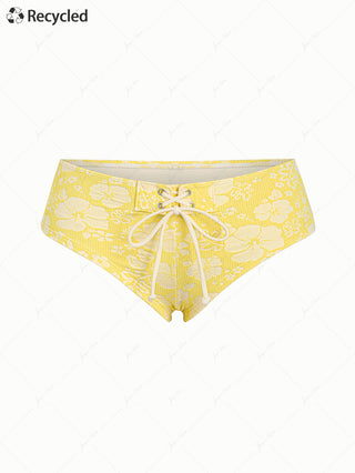 Yellow Recycled Fabric Jacquard Grommet Lace Up Bikini Bottom Cheeky Swim Boyshorts