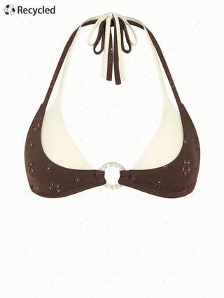 Deep Coffee Recycled Fabric Eyelet Jacquard O Ring Double Layer Bikini Top