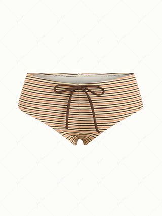 Yellow Ribbed Knit Striped Bowknot Bikini Bottom Cheeky Swim Boyshorts