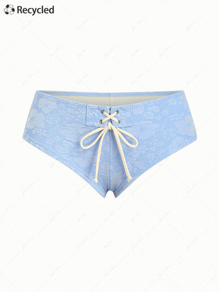 Light Blue Recycled Fabric Jacquard Lace Up Bikini Bottom Cheeky Swim Boyshorts