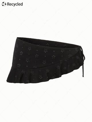 Black Recycled Fabric Jacquard Ruffles Hem Sarong Style Cover Up Skirt
