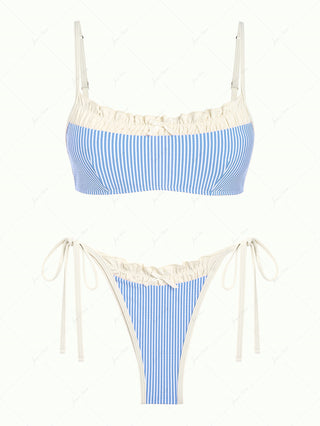 Light Blue Striped Spliced Ruched Ruffles Tie Side Bikini Set