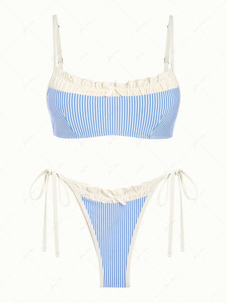 Light Blue Striped Spliced Ruched Ruffles Tie Side Bikini Set