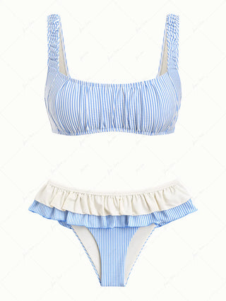 Light Blue Striped Ruched Layered Peplum Skirtini Bikini Set