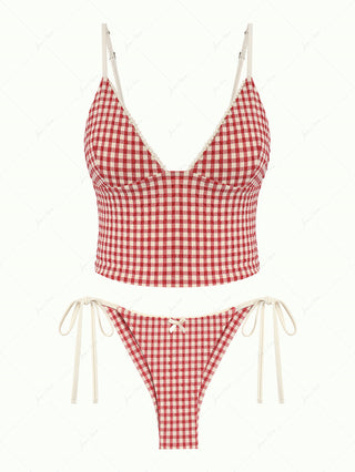 Pomegranate Red Gingham Lace Tank Top & Cheeky Brazilian Bottom Tankini Set