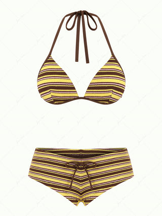 Yellow Striped Textured Triangle Push Up Top & Cheeky Boyshorts Bikini Set