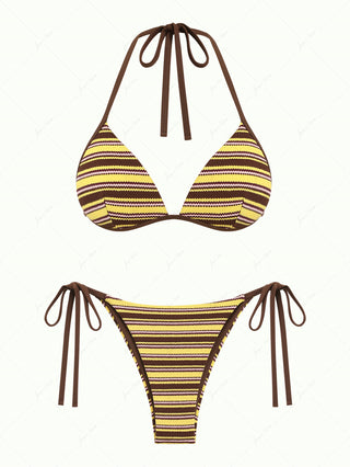 Yellow Knit Striped Textured Triangle Push Up Bikini Set