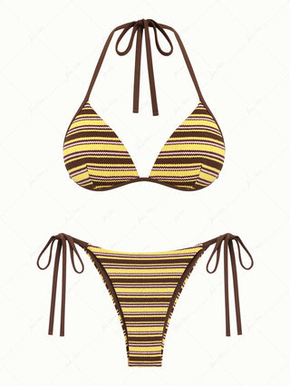 Yellow Knit Striped Textured Triangle Push Up Bikini Set