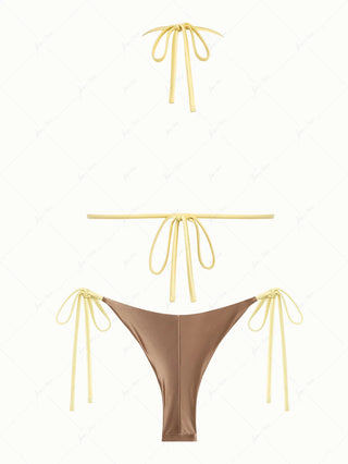 Coffee Satin Ruched Triangle Top & Cheeky Brazilian Bottom Bikini Set