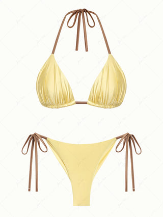 Light Yellow Satin Ruched Triangle Top & Cheeky Brazilian Bottom Bikini Set