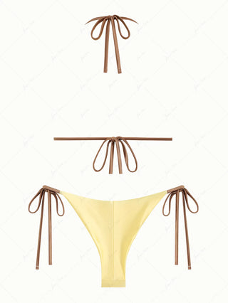 Light Yellow Satin Ruched Triangle Top & Cheeky Brazilian Bottom Bikini Set