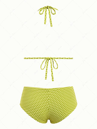 Green Recycled Fabric Triangular Grid Pattern Cheeky Boyshorts Bikini Set