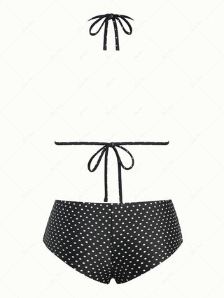 Black Polka Dot Print Lace Bowknot Triangle Cheeky Boyshorts Bikini Set