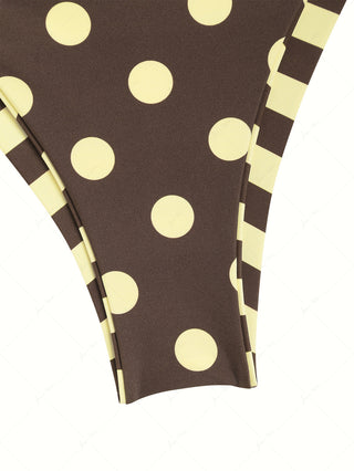 Coffee Striped Polka Dot Print Reversible Cheeky Brazilian Bikini Bottom