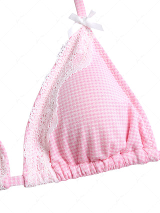 Light Pink Knitted Plaid Lace Bowknot Triangle Cheeky Boyshorts Bikini Set